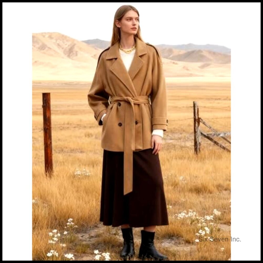 Wool Blend Pea Coat Double Breasted Notch Lapel Belted Winter Jacket - Picture 2 of 7